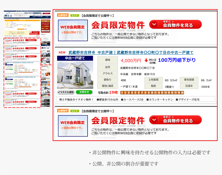 会員登録を促す物件一覧の表示機能