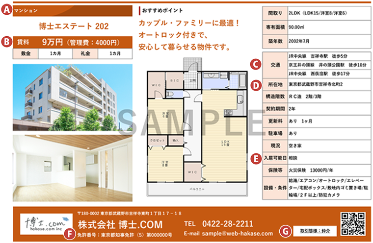 賃貸物件のマイソク（物件資料）サンプル。物件種別、賃料条件、駅からの距離、物件概要、入居可能日、宅地建物取引業免許番号、取引態様などの基本項目A～Gが記載された賃貸物件情報シート。
