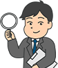 不動産調査のイラスト。男性が虫眼鏡を使って地図上の物件の場所や境界線を調査している様子。
