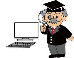 不動産ポータルサイトとは住宅や土地の情報を掲載し購入や賃貸を希望する人に物件情報を提供するサイトであることを説明する、パソコンの横で解説する博士のイラスト