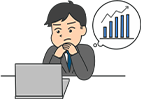 掲載物件レポートやアクセス状況、問い合わせ時間などのデータを分析し改善を行いPDCAを回す重要性を説明する分析を行う男性のイラスト