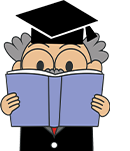 い本を広げて読み、住宅購入後の学びの大切さを説いている博士のキャラクターイラスト