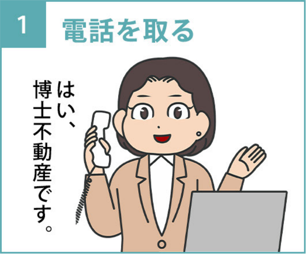 1.「はい、博士不動産です。」と電話を取る