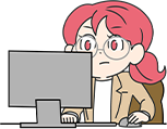 パソコンのモニターを真剣な表情で覗き込み、適切なメールの件名を考えて入力しようとしている女性キャラクター