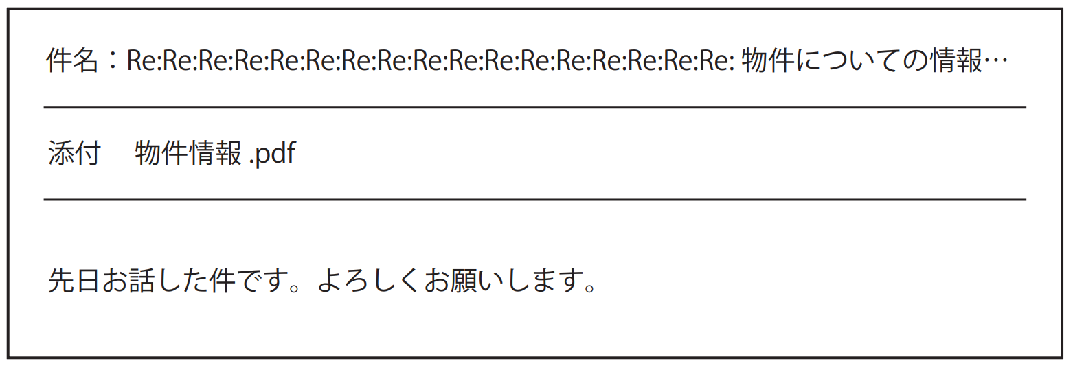 ビジネスメールの悪い例。「Re:」が大量に続き件名が判別不能なタイトル、宛名や名乗りがなく、用件も「先日お話しした件です」のみで具体性に欠ける不適切なメール文面。
