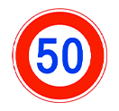 白い円形を赤い太枠で囲み、中央に「50」と数字が書かれた最高速度50km/h制限の道路標識。