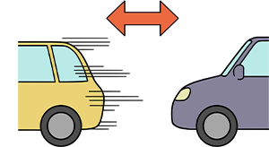 前の車との間に十分な距離（オレンジの矢印）を保って走行する2台の車のイラスト。
