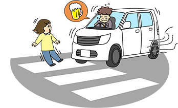 お酒を飲んで千鳥足の人物が車に乗り込もうとするのを、通行人の女性が驚いて見ている、飲酒運転の危険性を警告するイラスト。