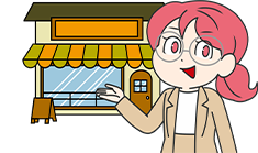 商店街の前で、お客様に周辺環境や地域の利便性について笑顔で説明している女性スタッフのイラスト。