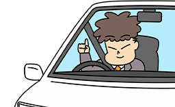 運転席に座り、シートベルトを着用しながら「お客様もシートベルトをお願いします」と親指を立てて確認している男性スタッフのイラスト。