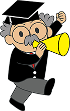 黄色の拡声器を持ち、交通ルールや標識の遵守を呼びかけている博士のキャラクターイラスト。