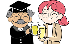 博士と女性スタッフが笑顔で乾杯しているイラスト。マナーとして、女性スタッフが自分のグラスを博士のグラスよりも少し低い位置に保ち、敬意を示している様子。