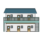 アパートのイラスト。現在管理している物件の外観や共用部を紹介し、管理品質の高さを示すコンテンツを示している。