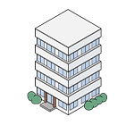 ビルのイラスト。自社が手掛けた建築物の完成写真を掲載し、施工能力やデザイン力を証明するコンテンツを示している。