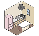 システムキッチンのイラスト。Before/Afterの写真と共に改修内容を紹介し、提案力を伝えるコンテンツを示している。