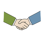 握手のイラスト。無事に契約に至った事例を紹介することで、取引の活発さと信頼性を示すコンテンツを示している。