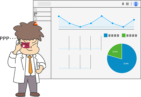 白衣を着た男性助手が、折れ線グラフや円グラフが表示された大きな解析モニター画面を指さしながら、広告効果を確認している様子を描いたイラスト。