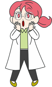 博士が伝えている反響単価の成功事例を聞いたピンク髪の女性助手が「！」という表情で驚き喜んでいる様子を描いた、ポジティブな成果をイメージさせるイラスト。