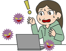 フィッシング詐欺の警告イラスト。パソコン画面を見て驚く女性と、周囲に浮かぶウイルスのキャラクター。詐欺メールや偽サイトへの注意喚起を表現。