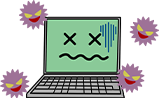 ウイルスに囲まれ操作不能になったパソコンのイラスト。画面にバツマークが表示されている。