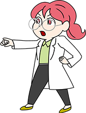 フィッシング詐欺やウイルスメールへの注意を促す女性キャラクター。腰に手を当て、指を立てて警告のポーズをとっている。チェックポイントを説明する場面。