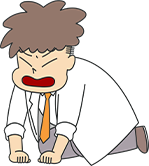 フィッシングサイトに情報を入力してしまい、またはウイルスに感染してしまい慌てている男性のイラスト。四つん這いで困り果てた表情をしている。緊急対応が必要な状況を表現。
