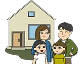 一軒家の外観と小さな子供二人と若い夫婦の四人家族