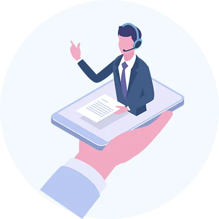 スマートフォンから説明役のスーツの男性が資料を片手に説明している