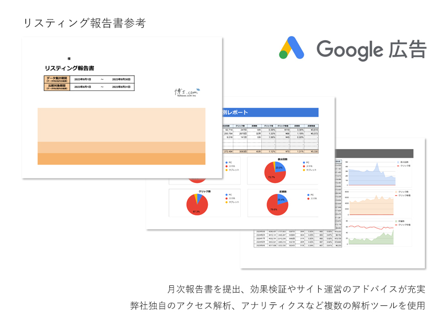 月初報告書を提出 効果検証やサイト運営のアドバイスが充実 弊社独自アクセス解析、アナリティクスなど複数の解析ツールを使用