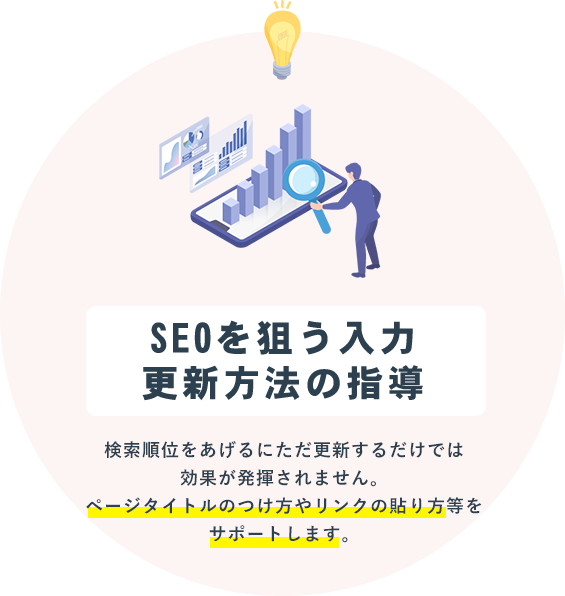 SEOを狙う入力 更新方法の指導検索順位をあげるにただ更新するだけでは効果が発揮されません。ページタイトルのつけ方やリンクの貼り方等をサポートします。