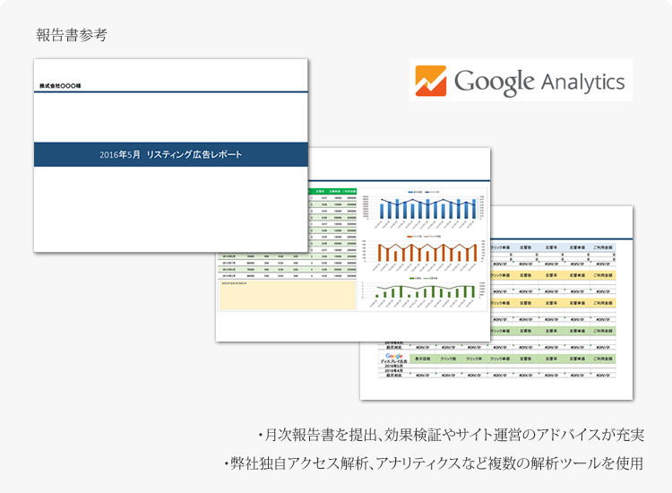 不動産リスティング強化コンサルティング、リスティング運用サポート、月次報告
