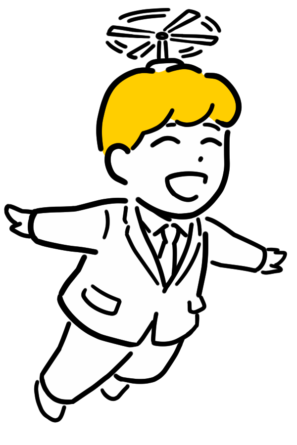 タケコプターを付けて飛んでいるサラリーマン